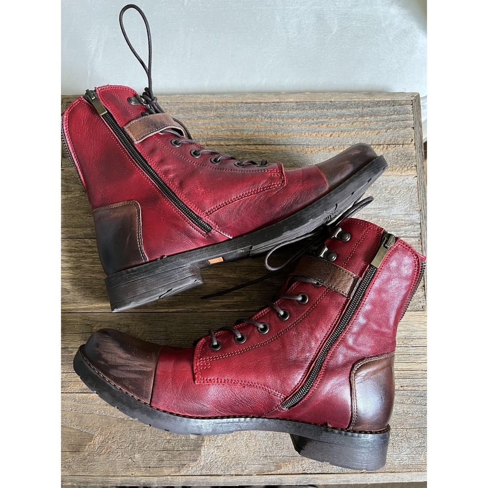 Jafa Boots Womens Size 41 10 Red Brown Leather Combat Ankle Buckle Zip Lace Up - Picture 10 of 13